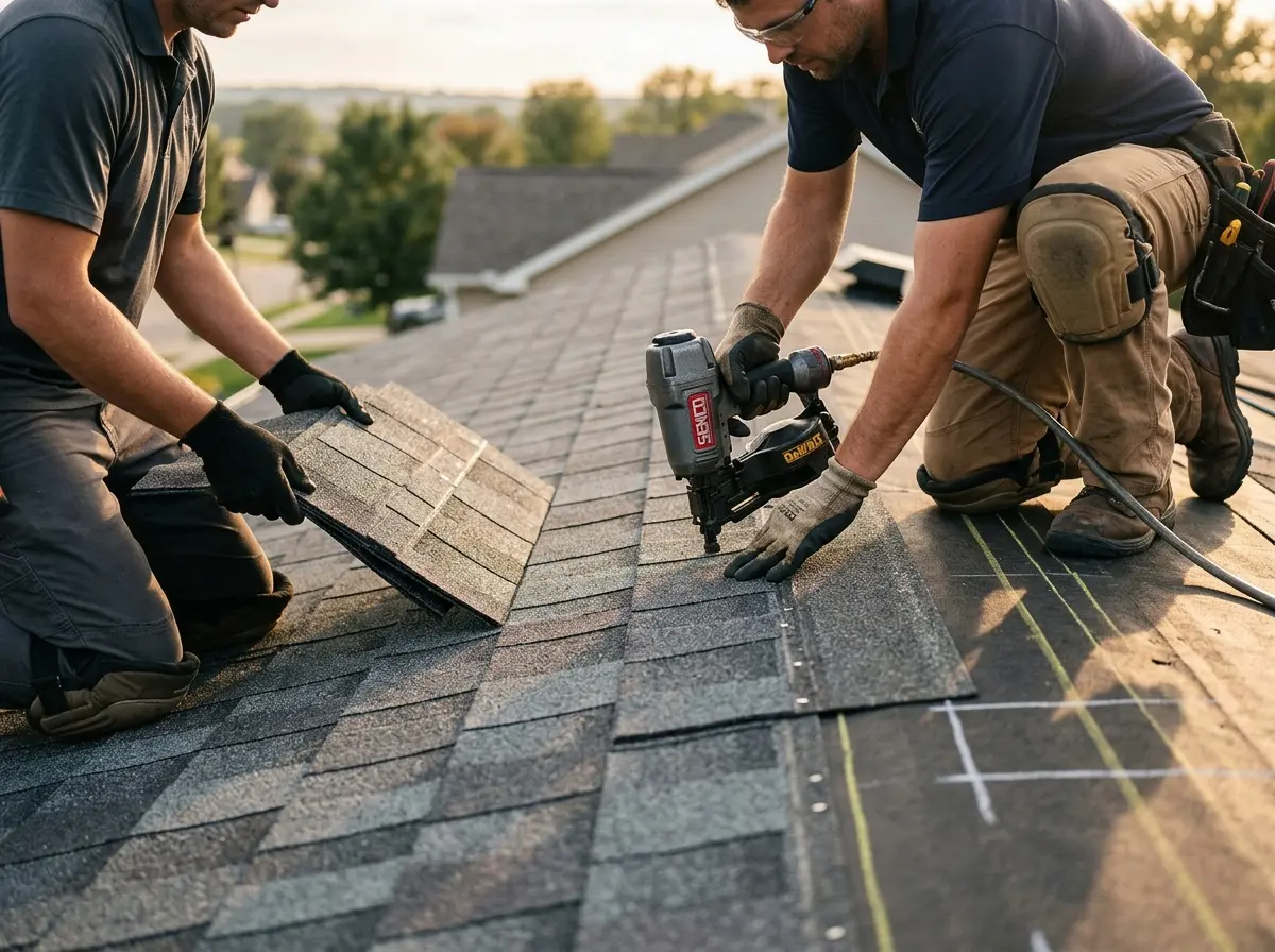 Professional roofer working on a residential roof in Eufaula